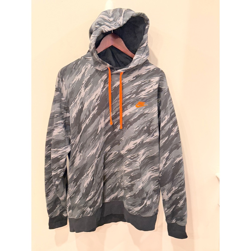 Nike Sportswear Club Fleece Tiger Camo Hoodie Grey Orange DD5126-010 Mens XL‎